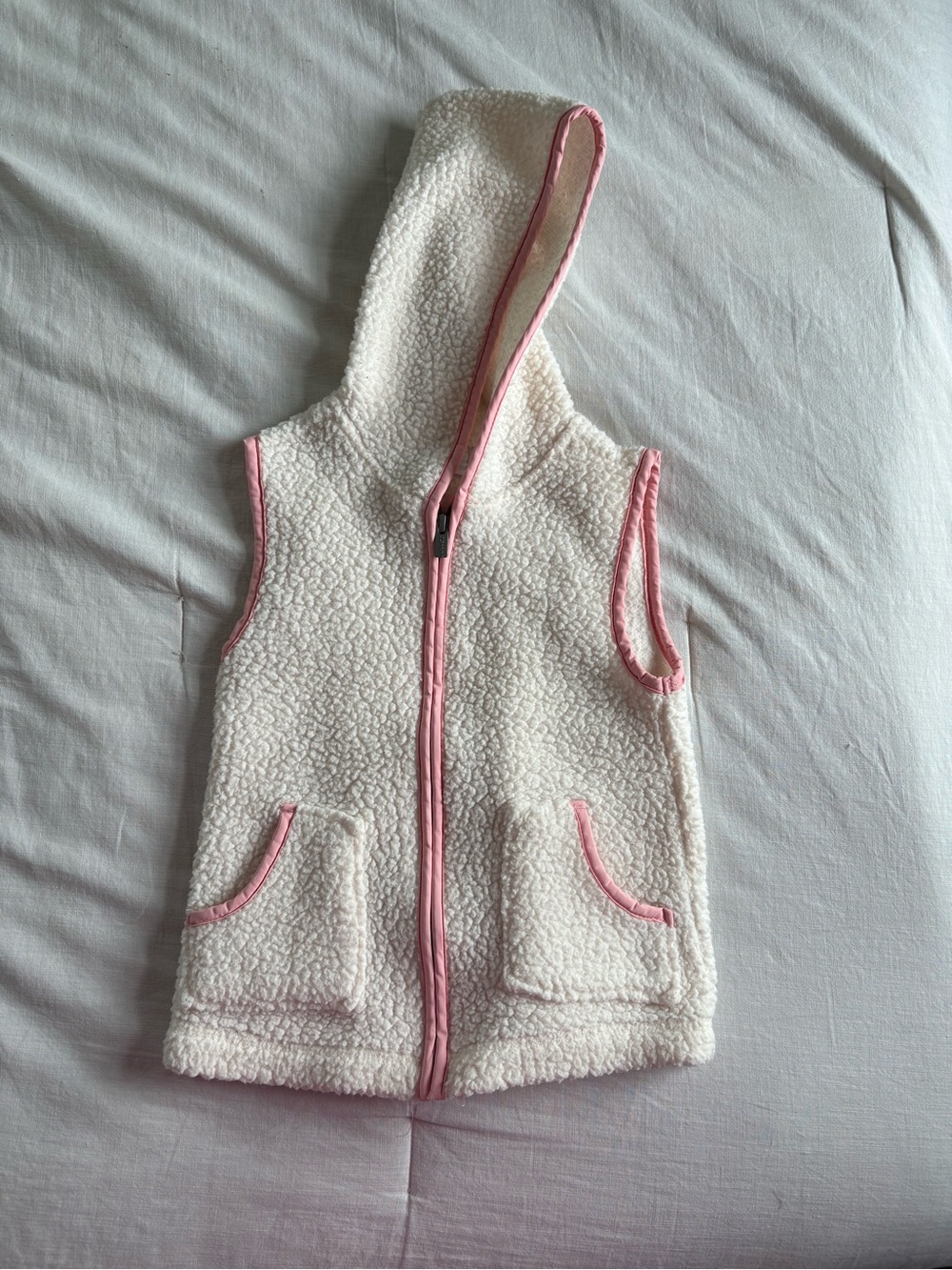 Old Navy Cream Sherpa Hooded Vest with Pink Trim